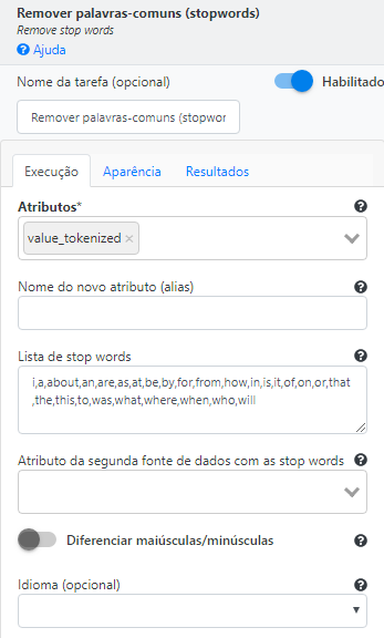 Operação Remover palavras comuns